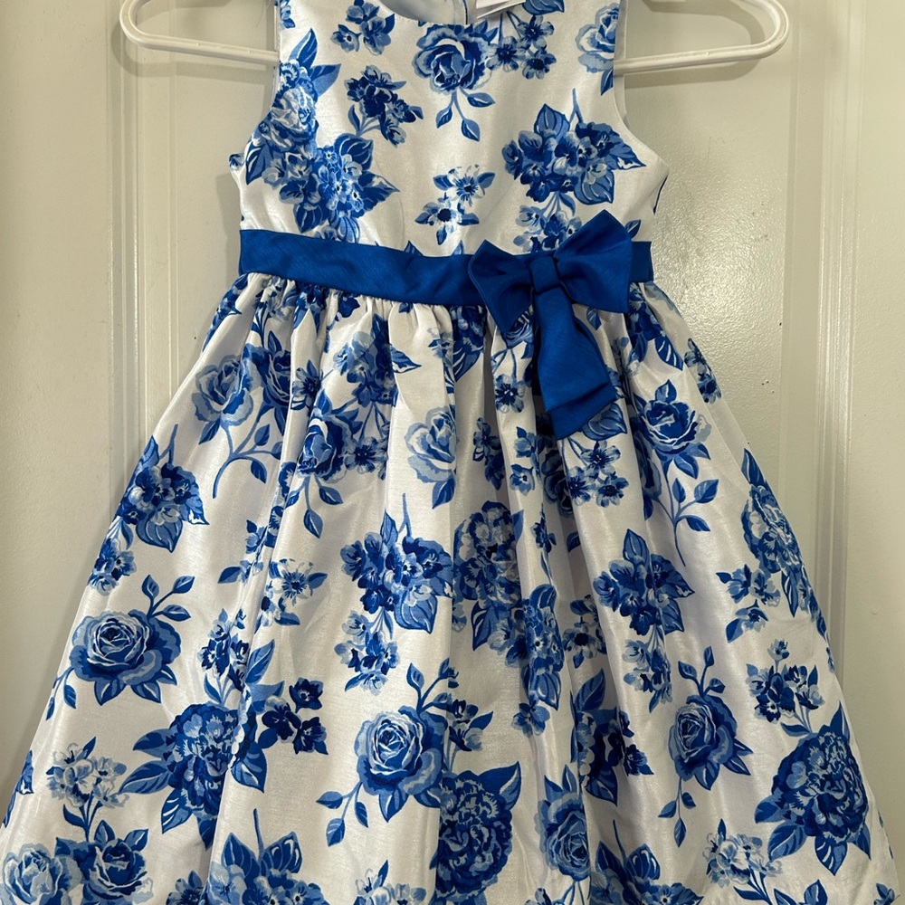 White and Blue Sleeveless Crew Neck A-Line Dress